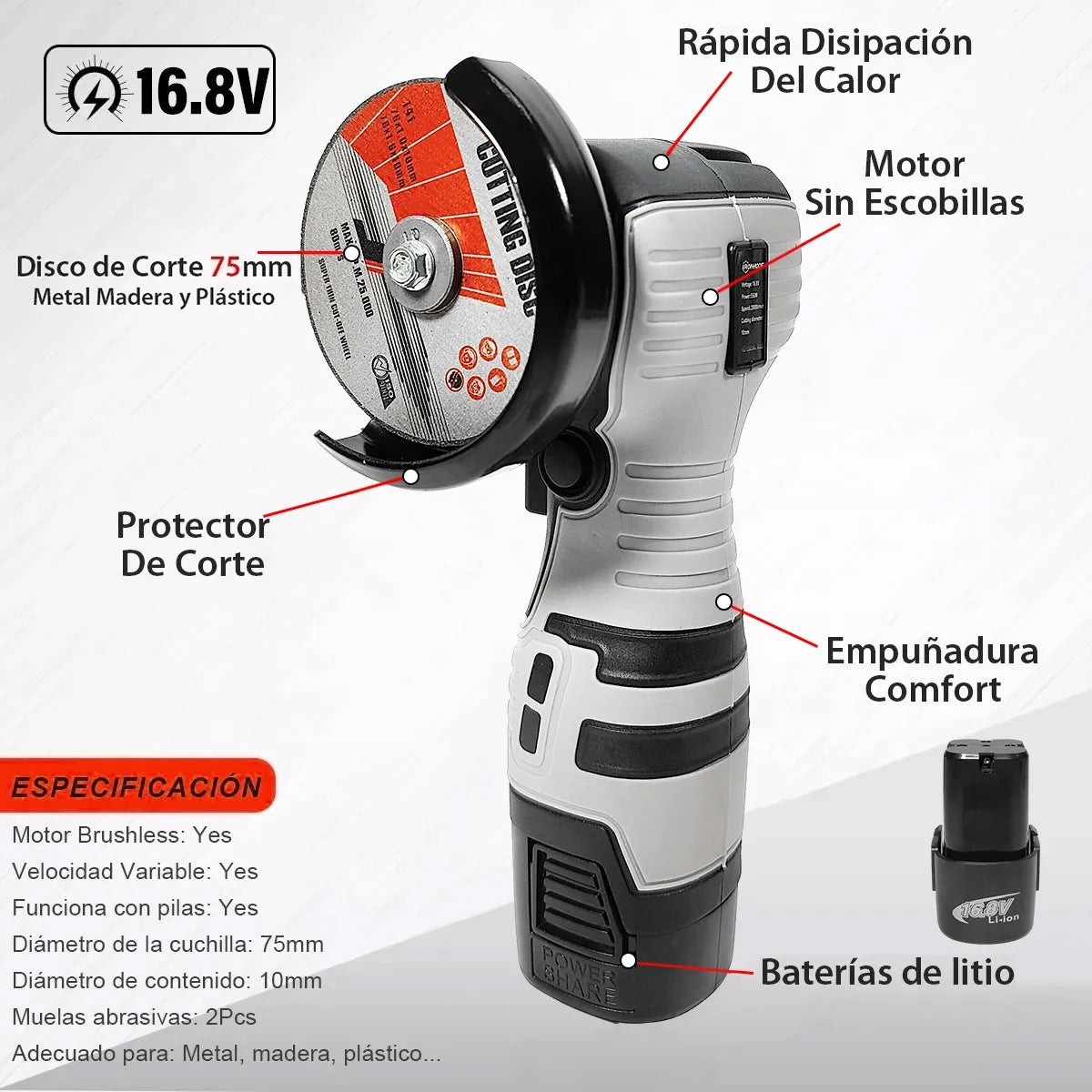 PULIDORA, CORTADORA, AMOLADORA INALÁMBRICA + 2 BATERIAS
